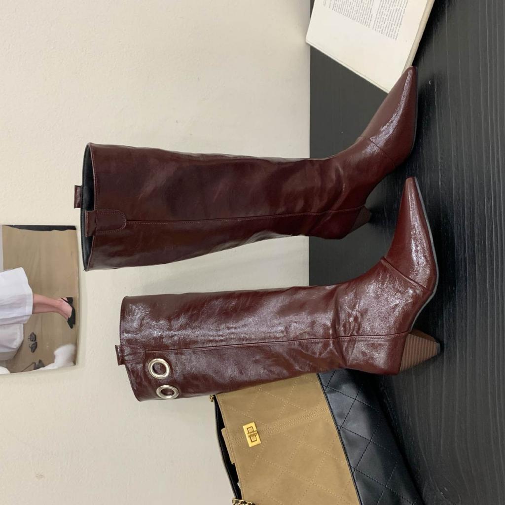 2025 autumn and winter new pointed fashion tall thick heel thin western knight boots