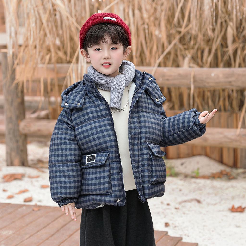 Kids Winter Children's Mid Length Plaid Down Jacket Windproof Waterproof Warm Hooded Jacket College Style