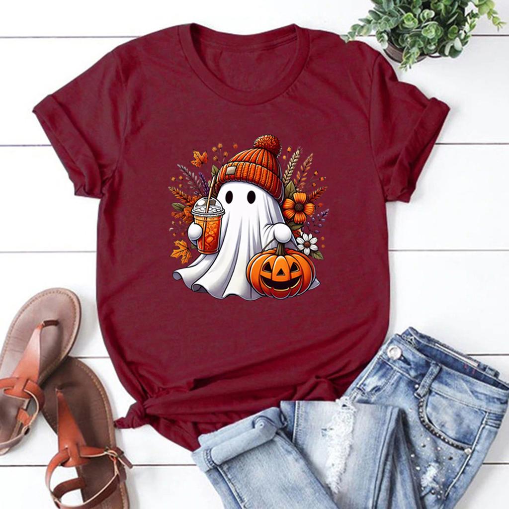 Halloween Cute Ghost T-shirt Halloween Pumpkin Spice Tee Women's Graphic T Shirts Spooky Season T-shirts Trick or Treat Tees