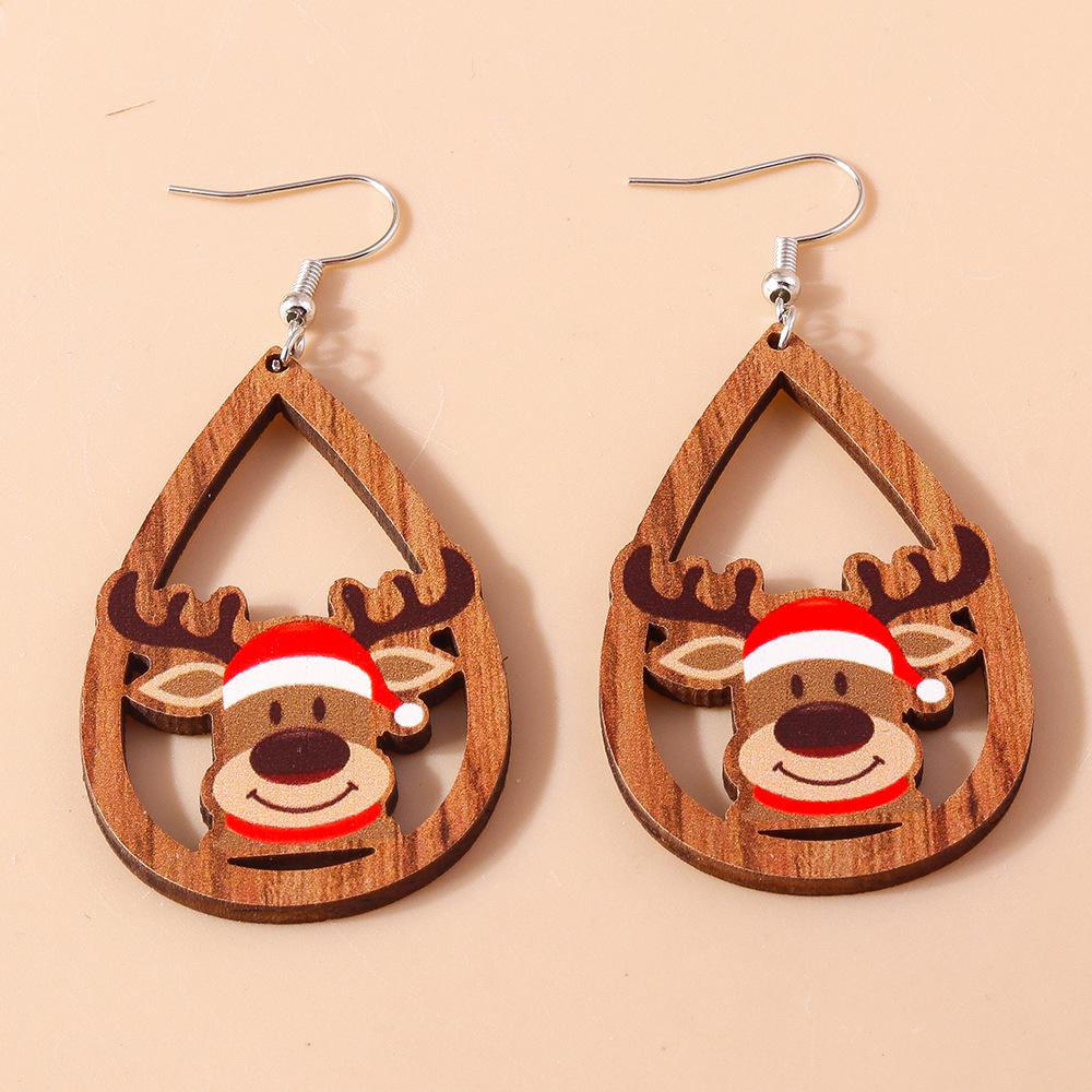 European-American Teardrop Christmas Earrings: Wooden Cartoon Snowman & Reindeer Design