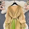 Kadın Örgü Parti Uzun Elbise V Boyun Uzun Kollu Degrade Dantel Up A Line Sundress Moda Bohe Pilili Maxi Elbise