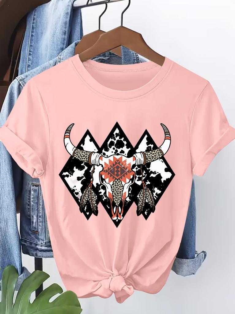 Womens Short Tshirt with Western Style Geometric Cow Head Bone Print Round Neck Soft and Breathable Springsummer Womens Top