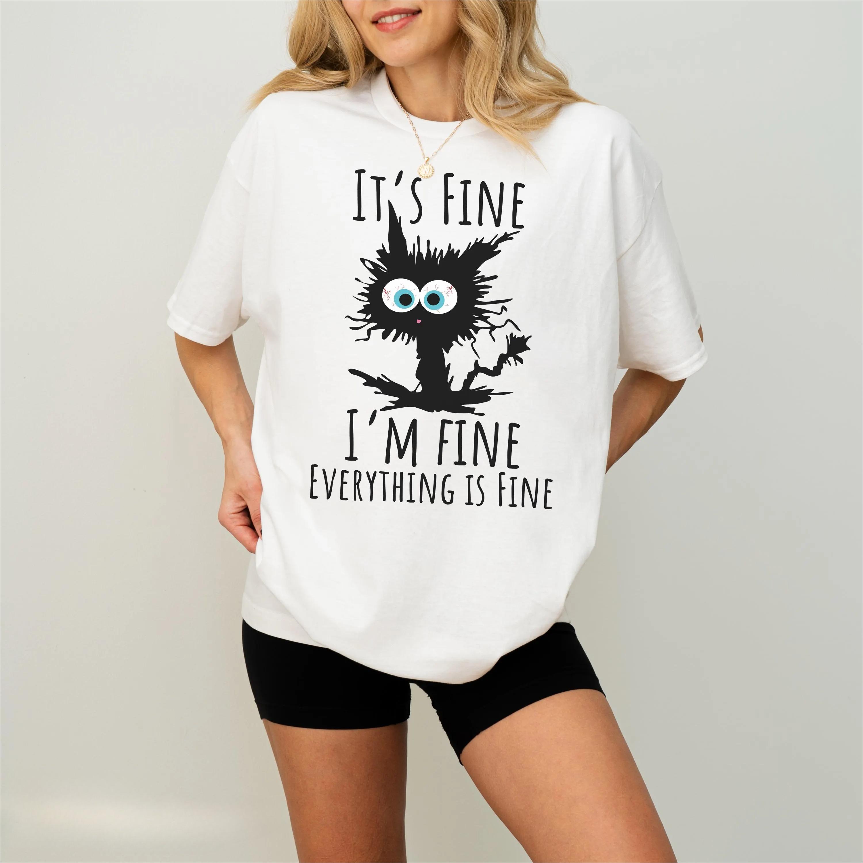 

2026 Summer Retro Womens Its Fine Cat TShirt Unisex Cotton and Breathable Short Sleeve Oversized Loose Casual S