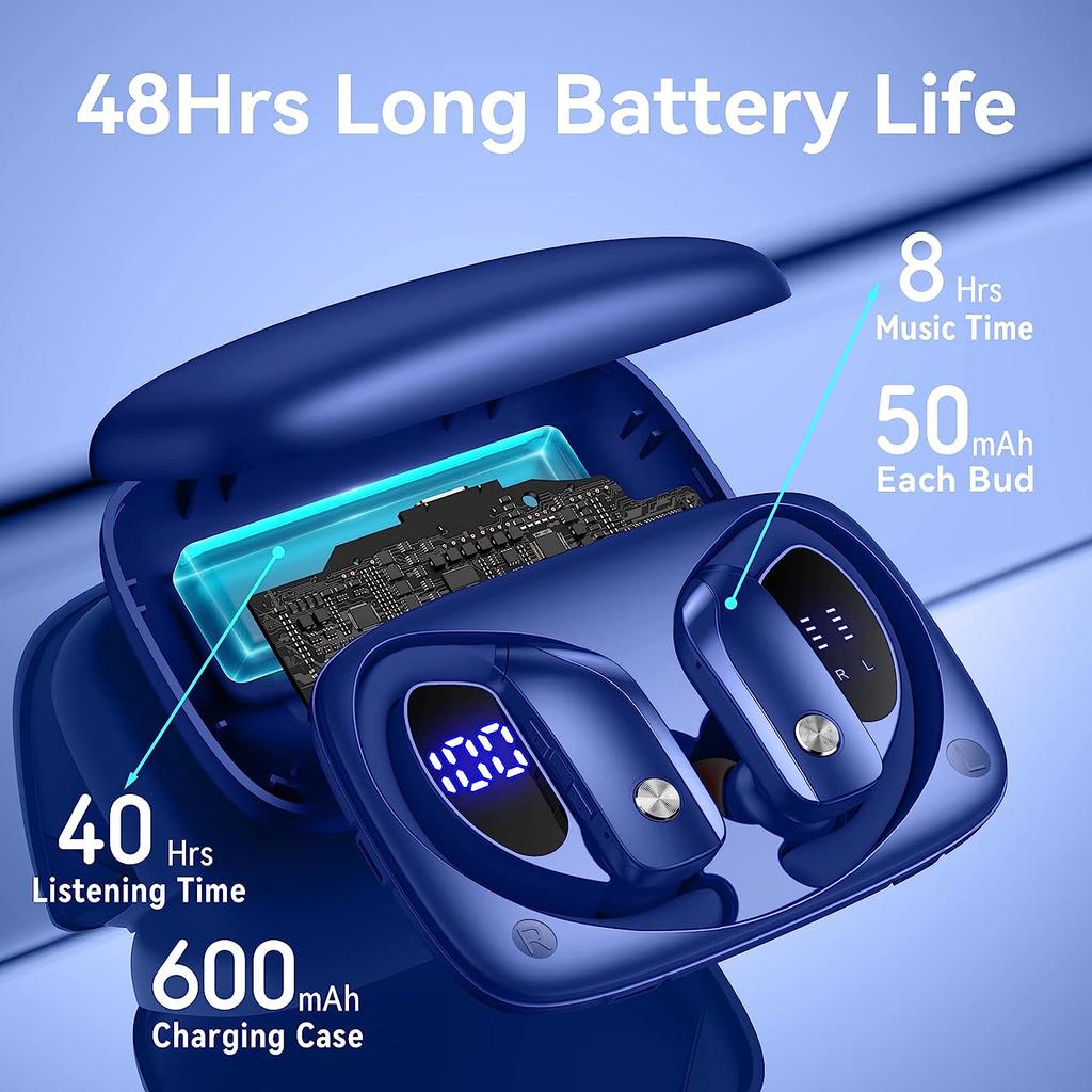 Wireless Earbuds Bluetooth Headphones 48hrs Play Back Sport Earphones with LED Display Over-Ear Buds Headset for Workout Blue
