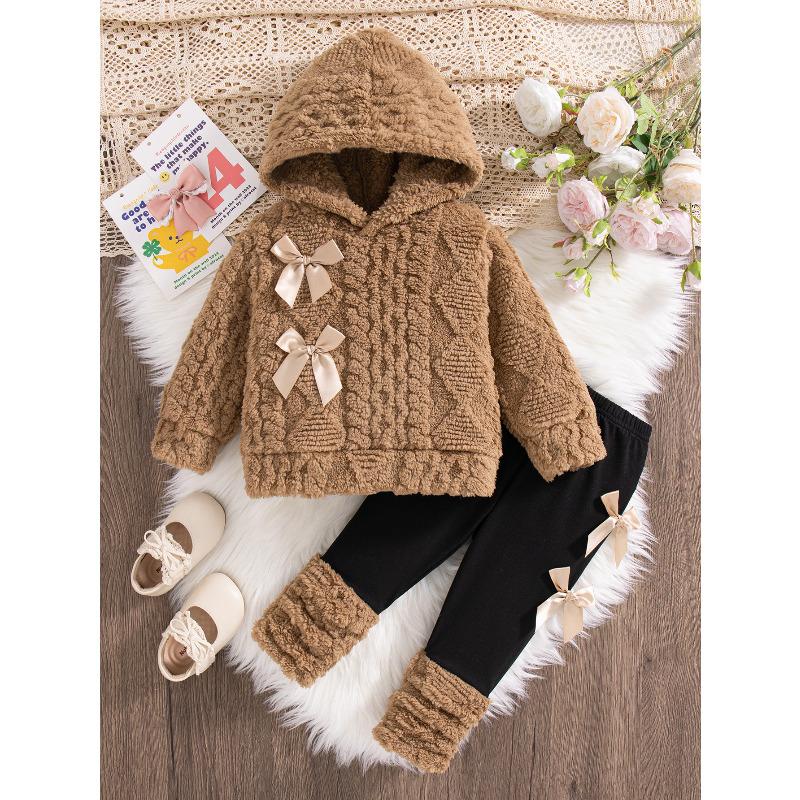 Baby Girls Winter Hooded Fleece Sweater and Long Pants 2 Piece Outfit Set Warm Plush Pullover Top Toddler Clothes