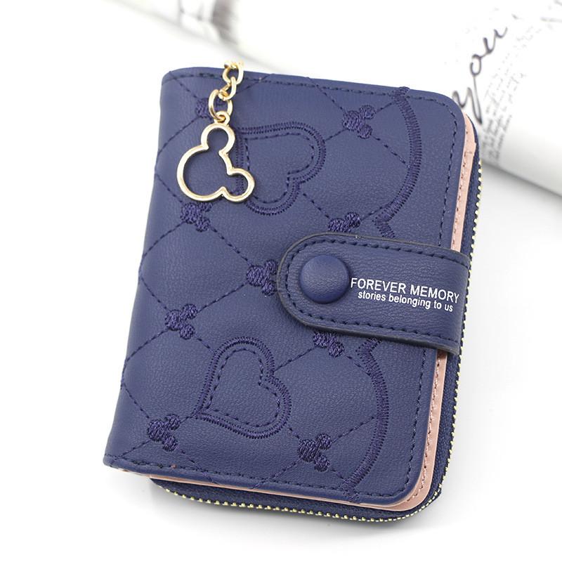 Pu Material Ladies Short Zipper Wallet With Heart Embellishments For Daily Use