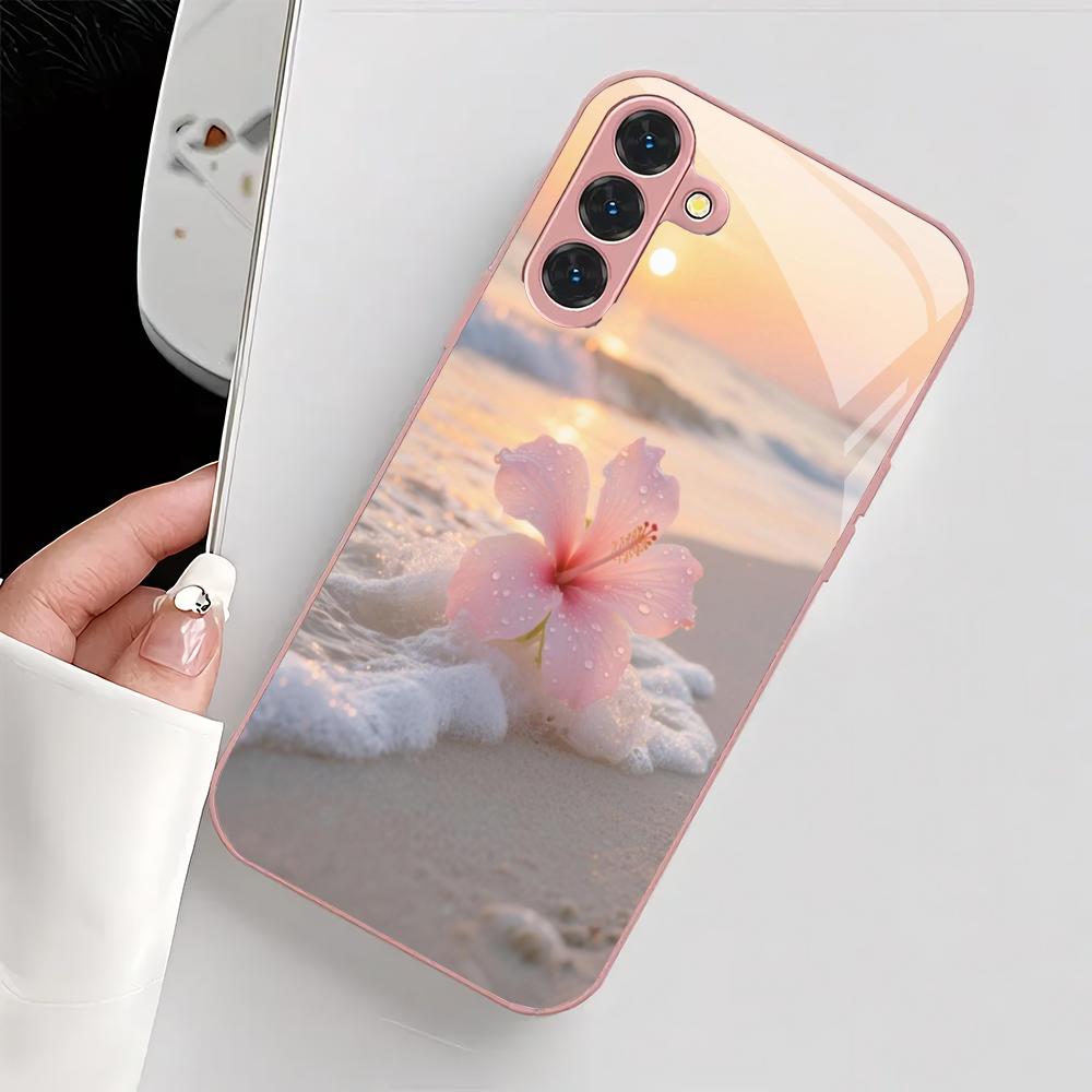 Funda de cristal para teléfono con diseño de flor de playa adecuada para Samsung Galaxy S26 S25 S24 S23 S22 S20 FE/Ultra/Plus cubierta trasera a prueba de golpes