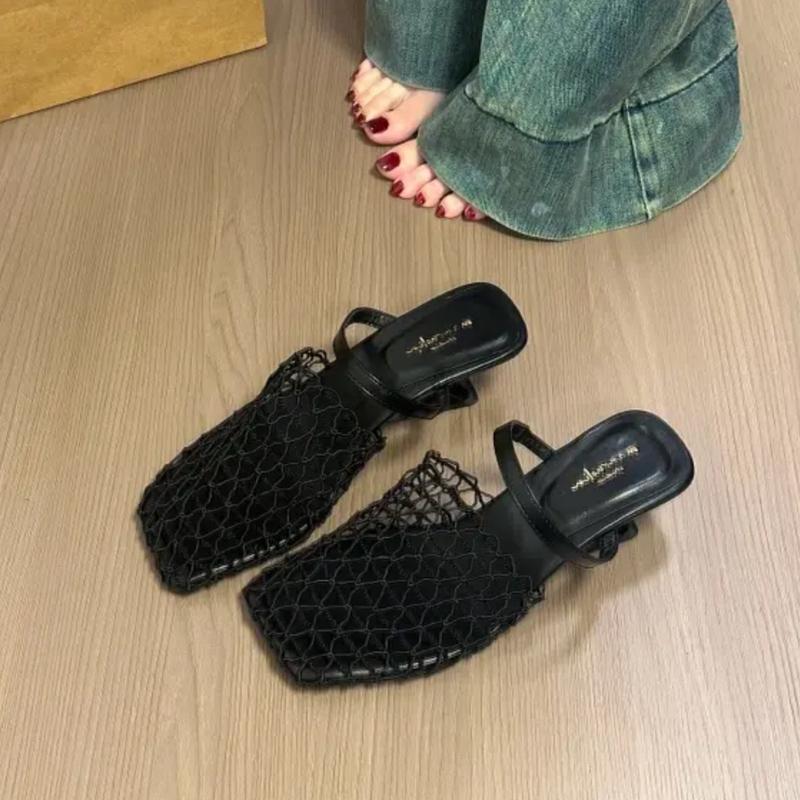 Fashion SUOJIALUN 2024 Summer New Women Slipper Fashion Mesh Ladies Elegant Sandal High Weadge Dress Heel Slip On Mules Pumps Shoes