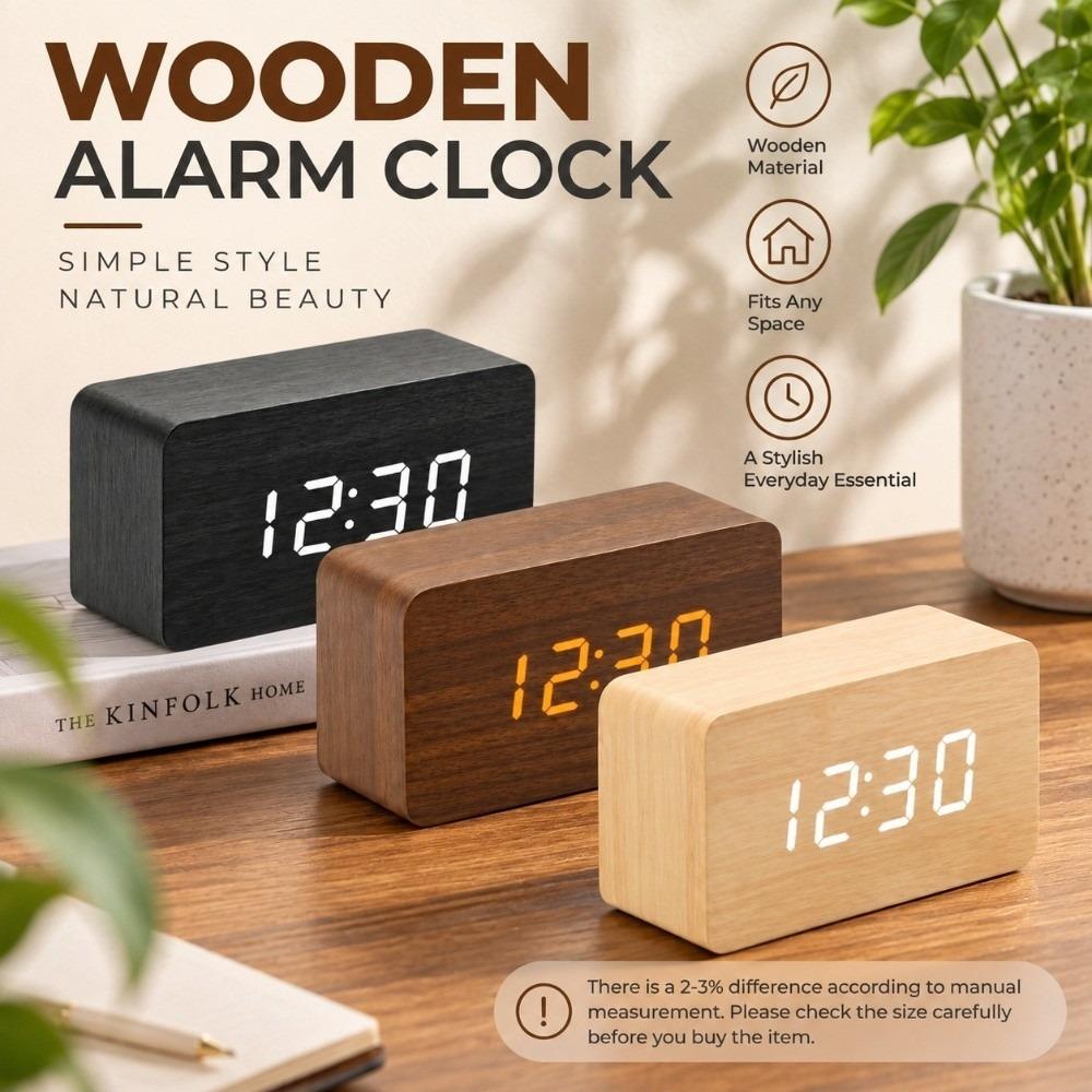 Digital Display Wooden Alarm Clock Temperature Sensor LED Alarm Clock Men/Women