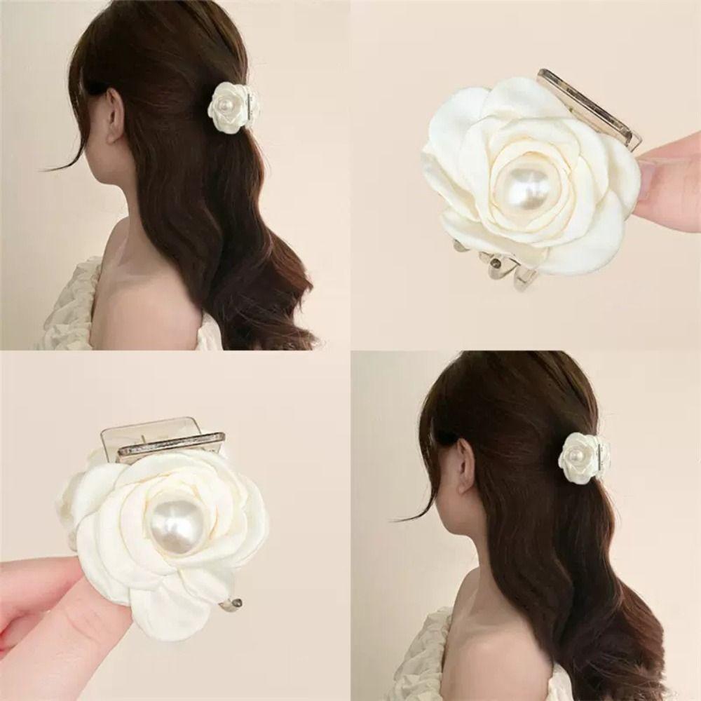 Small Fabric Floral Hair Clip Elegant Pearls Flower Hair Claw Camellia Hair Clip  Back Head Wear