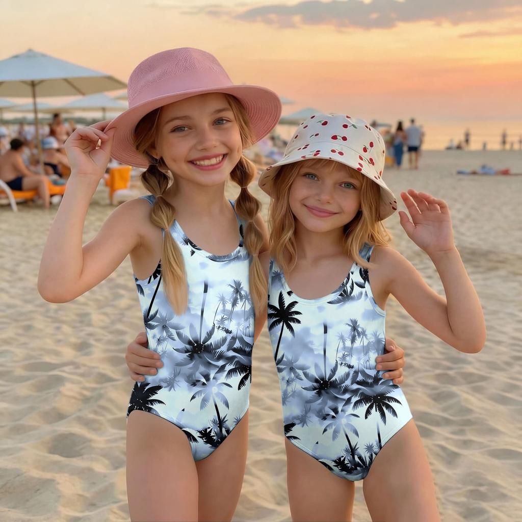 Girls One Piece Swimsuit Palm Tree Print Summer Beach Swimwear Lightweight Quick Dry Bathing Suit for Kids