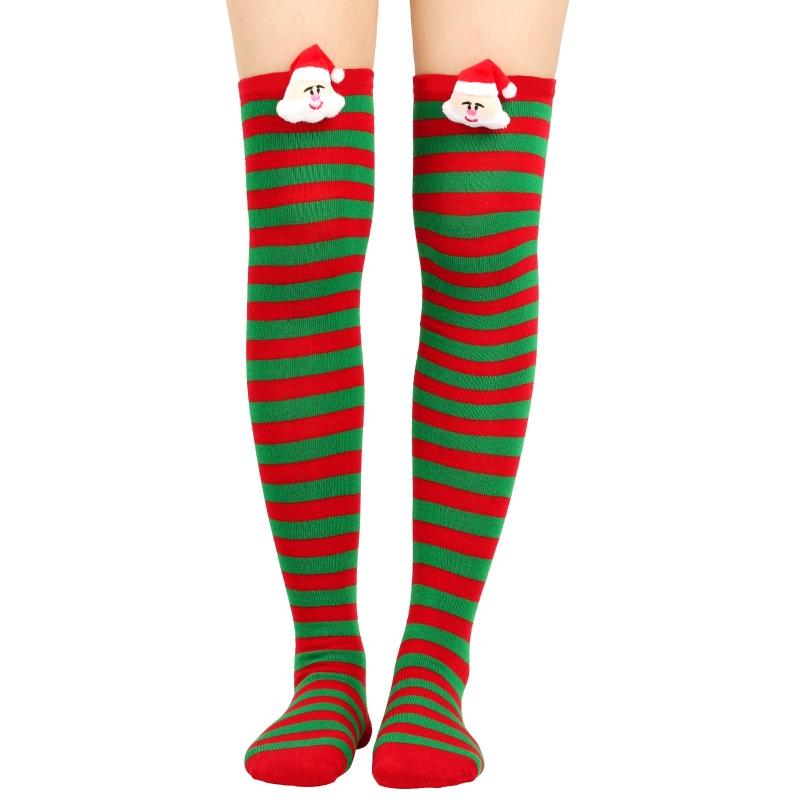 Women Cute Plush Santa Claus Striped Over Knee Long Socks Thigh High Stockings for Christmas Cosplay Costume Hosiery