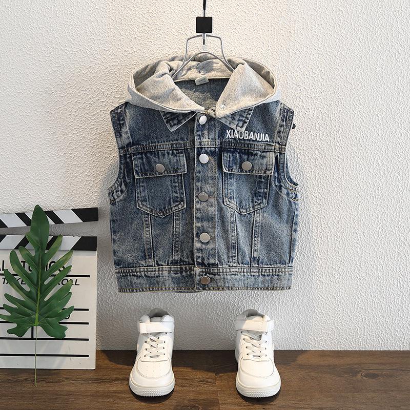 

Boys Hooded Denim Vest - Spring/Fall 2025 Cool Sleeveless Jacket for Kids 140cm джинсовый синий