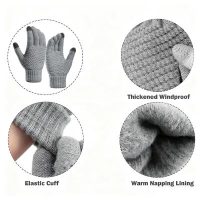 3pcs Winter Touch Screen Gloves with Clip Warm Elastic Knitted Full Finger Gloves for Men and Women for Outdoor Cycling Driving