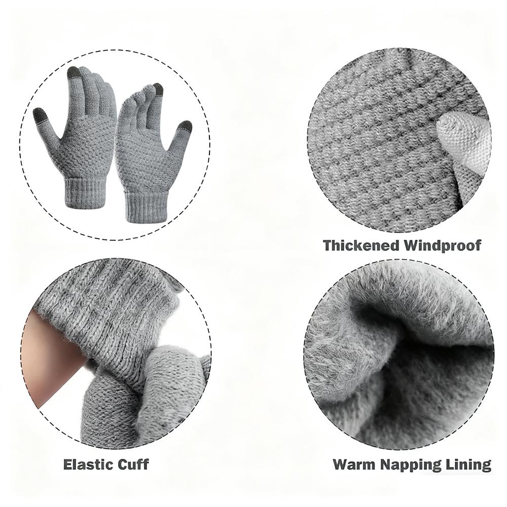 3pcs Winter Touch Screen Gloves with Clip Warm Elastic Knitted Full Finger Gloves for Men and Women for Outdoor Cycling Driving