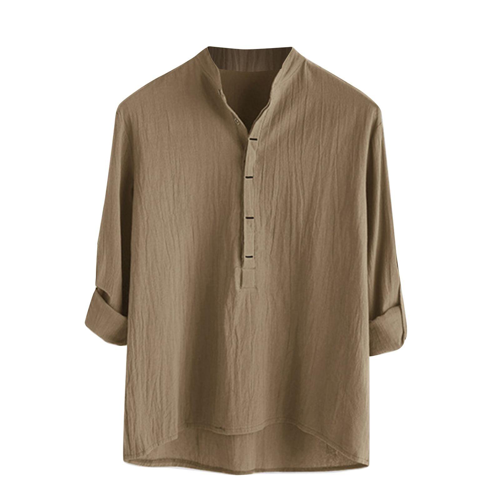 

Men s Spring Summer Casual Loose Color Stand Collar Cotton Men s Long Sleeve Shirts Men s Shirt XXXL коричневый