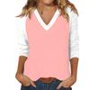 Women's Casual And Fashionable Patchwork V-Neck Top With Seven Quarter Sleeves Top