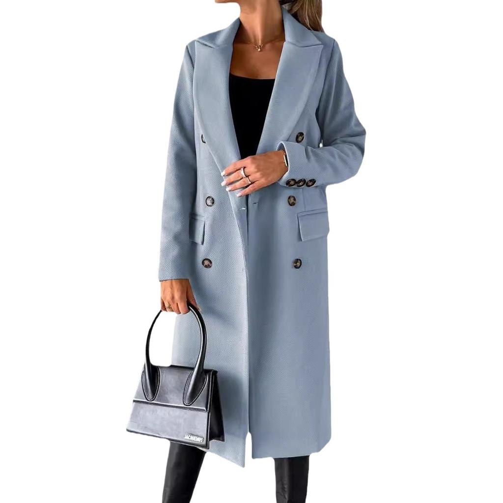 Women's Spring Set Versatile Woolen Coat Solid Color Long Sleeve Double breasted Insert Pocket