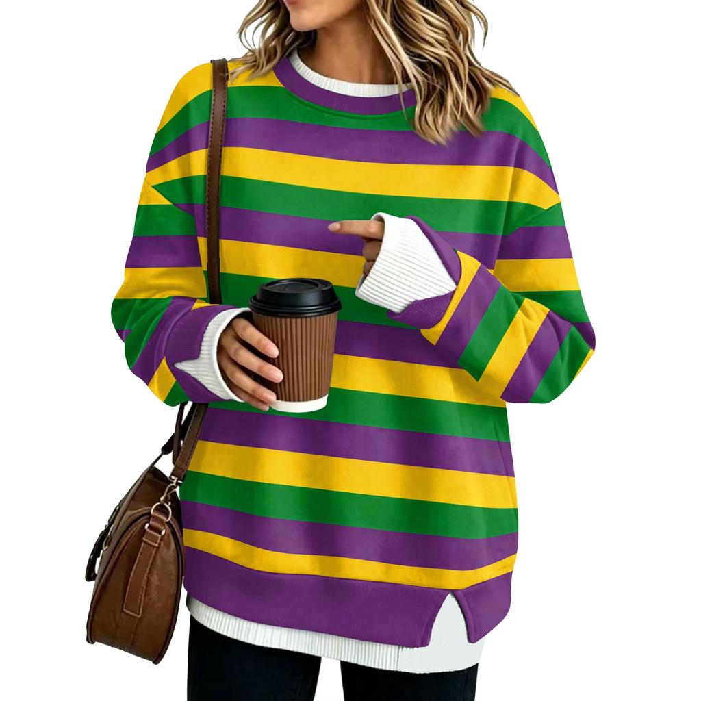 Damen Mode Lässig Gestreift Langarm Sweatshirt Zweiteilig Locker Sitzend Pullover Oberteil