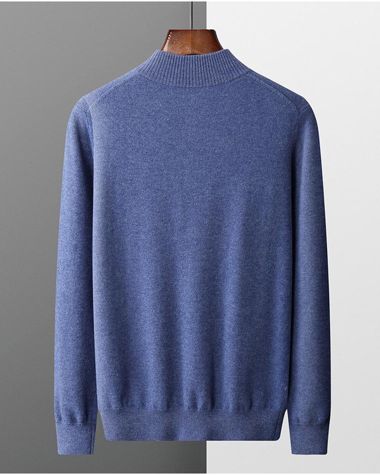 Men's 100% Pure Wool Half-Zip Sweater - Thickened Knit Base Layer for Autumn and Winter