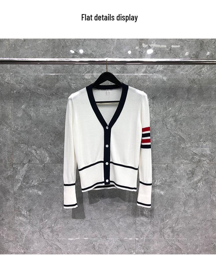 TIME BREATHE Women's Early Spring V-neck Red/Black Four-Stripe Cardigan Sweater: Casual, Versatile Knitwear