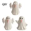 Decorative Ghost Sculpture Light Up Ceramic Figurines for Halloween Decor, Cute White Statue Gift Party with Pink Tongue, LED Night Home Table Office