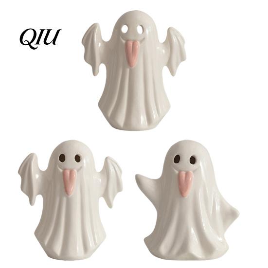 Decorative Ghost Sculpture Light Up Ceramic Figurines for Halloween Decor, Cute White Statue Gift Party with Pink Tongue, LED Night Home Table Office