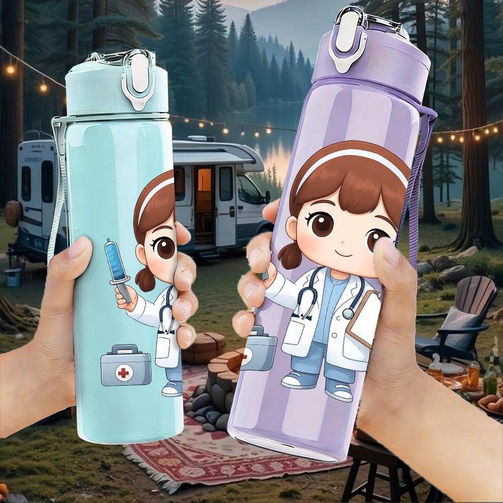 1PC Female Nurse Cartoon Art 750ml Color Plastic Sports Water Bottle Leakproof Flip Straw Lid Suitable for Sports Office Home Use