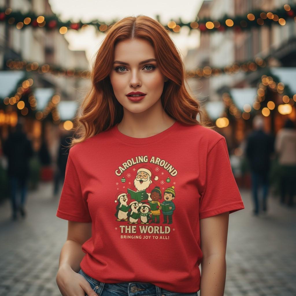 Caroling Around the World T-Shirt | Santa Claus and Kids Christmas Carolers Tee L
