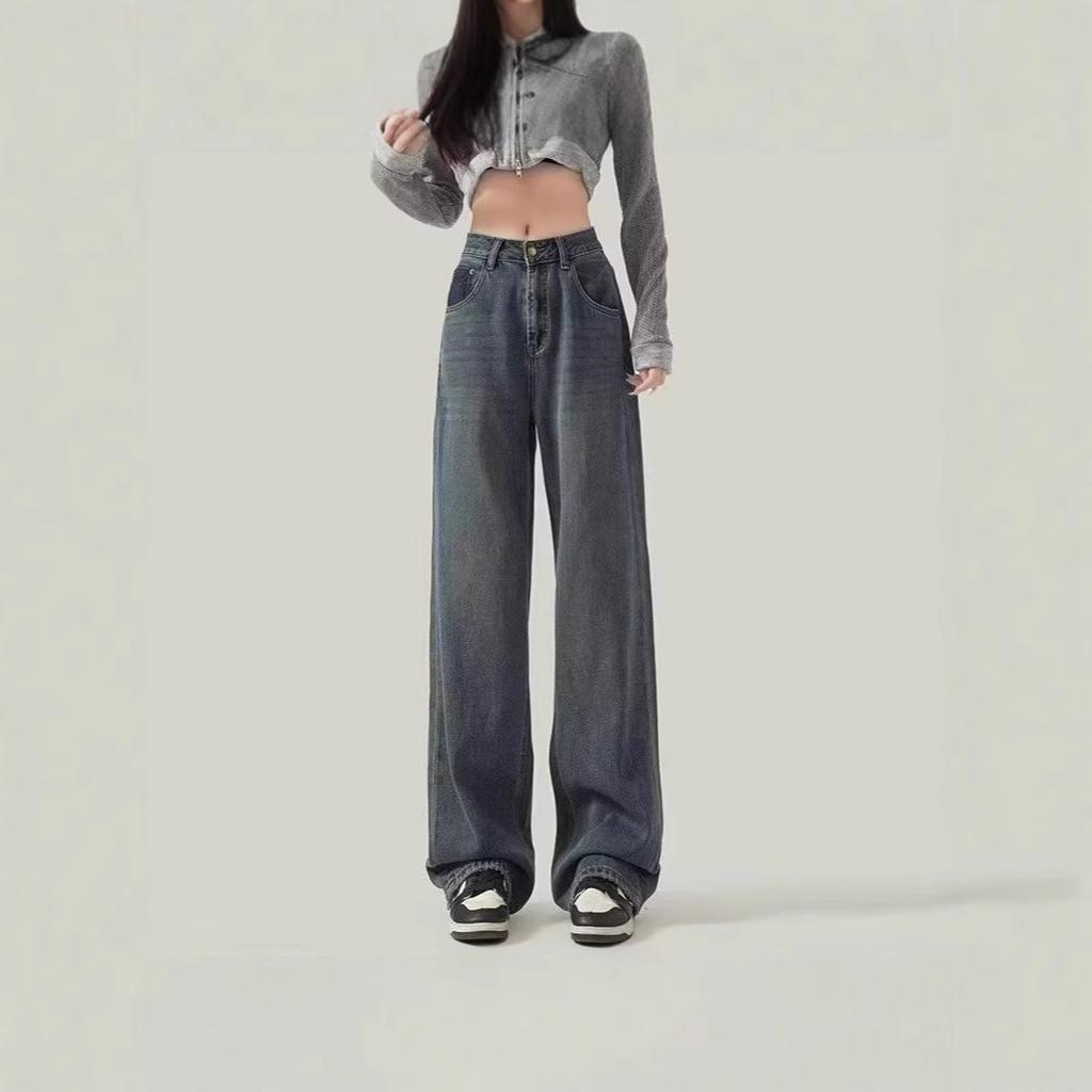 Retro Hong Kong style high waist narrow version wide leg thin and high jeans retro drape floor mopping jeans