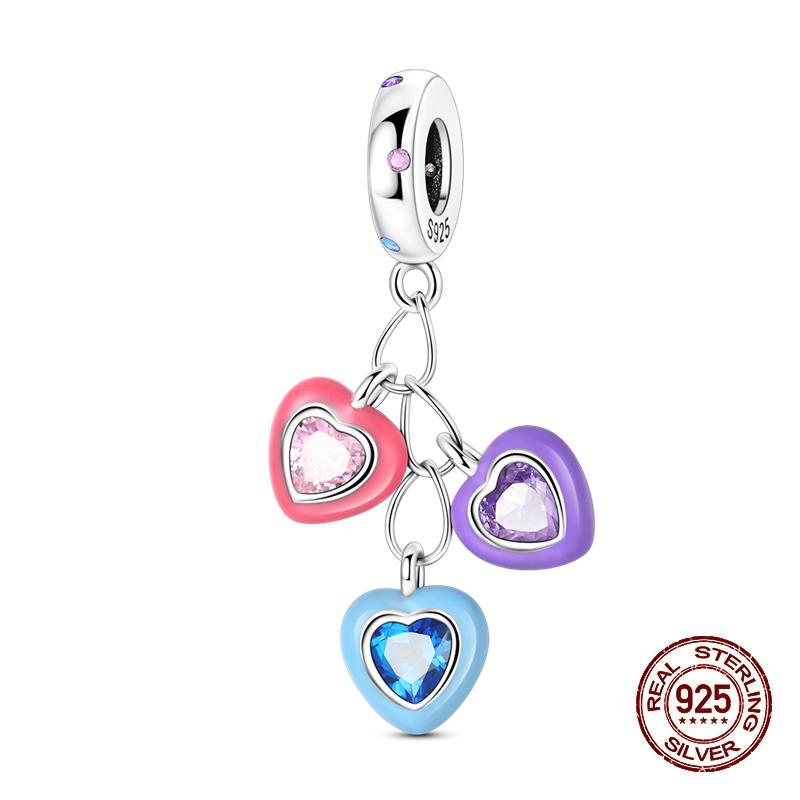 

New Copper Charms Fit Pan Original Bracelet Diy Three Color Heart Shape Pendant Tassel Beads Women Birthday Jewelry