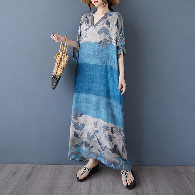 Real Summer New Color Vacation Style Travel V-neck Retro Long Dress Covering Meat Cotton and Linen Dress Women's Clothing
