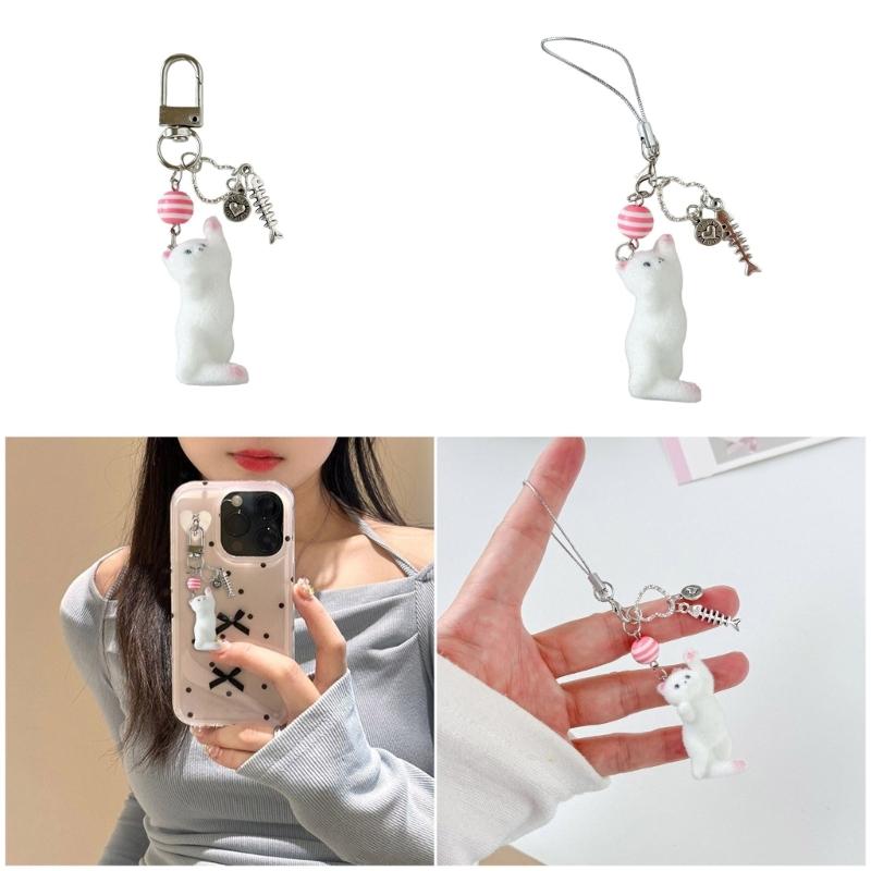 Lovely Cats Flock Design Soft Resin Keychain Phone Charm for Keys Stylish Sturdy Accessory