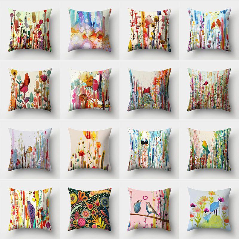 Stunning Bird Flower Pillow Case With Watercolor Design For Stylish Living Room Decor