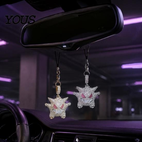 Cute Devil Elf Car Decoration Bling Accessories, Rhinestone Rear View Mirror Wear Resistant Alloy Pendant Charm, Halloween Auto Interior Hanging