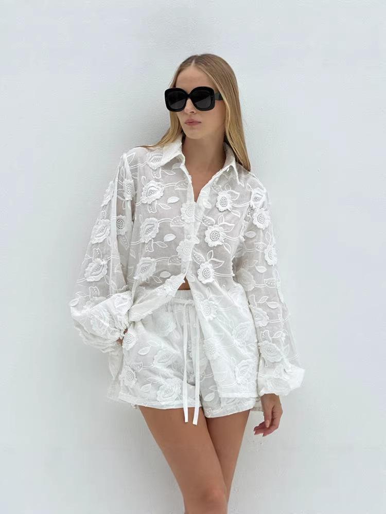 European & American Sexy Cotton Embroidered Set: Spring/Autumn See-Through Shirt & High-Waisted Shorts 2025