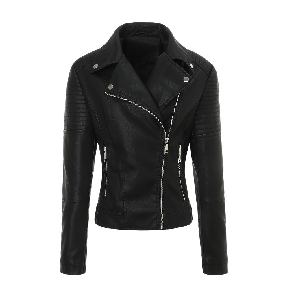 Women's washed leather retro style PU coat retro leather jacket lapel zipper quilted body jacket women