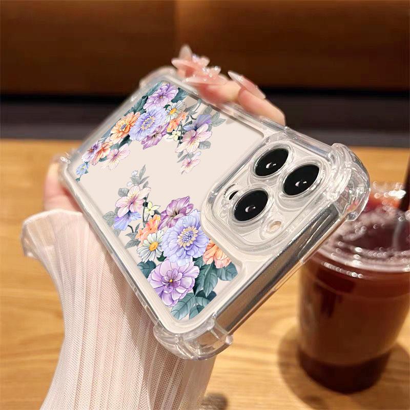 Floral Print Clear Slim Shockproof Case For iPhone 16 Pro 16E 15 Pro Max 14 13 12 11 Anti-Fall Soft Silicone Transparent Phone Cover