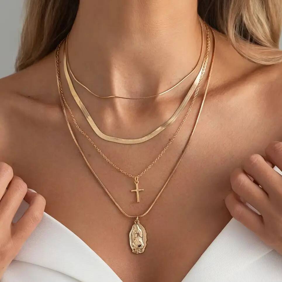 SHIXIN 4Pcs/Set Minimalist Cross Jesus Pendant Metal Necklace Gold Color Multi-layer Adjustable Choker Chain Women Jewelry Gift