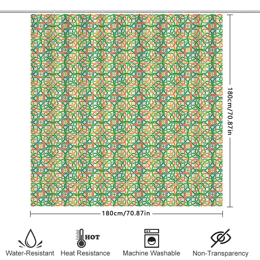 Vibrant Interlocking Geometric: Orange And Green Pattern Shower Curtain For A Modern And Energetic Bathroom Dcor