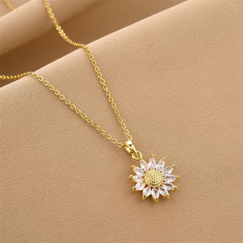 Gold Plated Sunflower Necklace for Women  Titanium Steel Zircon Big Pendant Necklace Luxury Choker Korea Style Wholesale