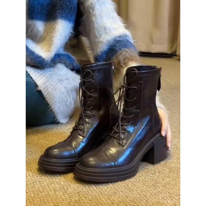 Cowhide Version~ Thick-soled High-heeled Martin Boots Femininity Versatile Leather Thin Boots Retro Rear Zipper Heightening Short Boots
