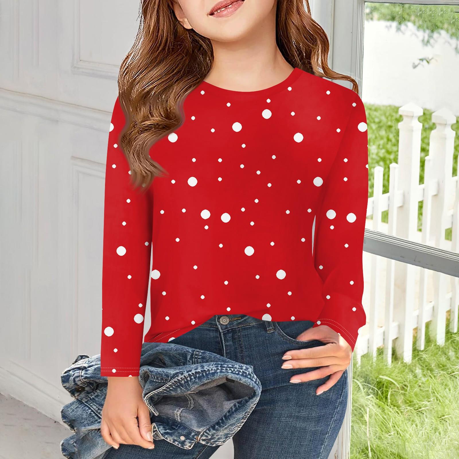 

Футболки с длинным рукавом для девочек, детские осенние топы, простые футболки с круглым вырезом и принтом в крапинку, 5–14 лет 150 красный