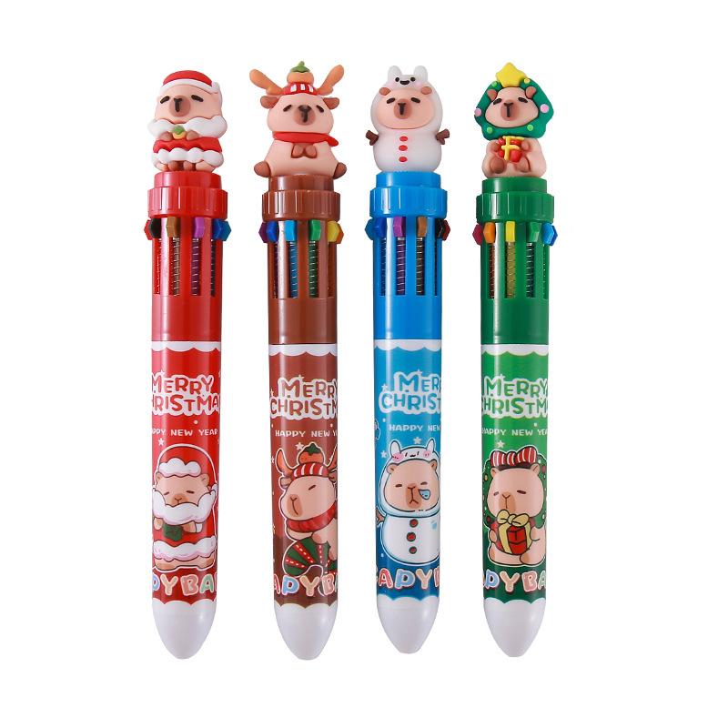 Cute Cartoon Christmas Ten-color Ballpoint Pen with Santa, Reindeer, and Snowmen