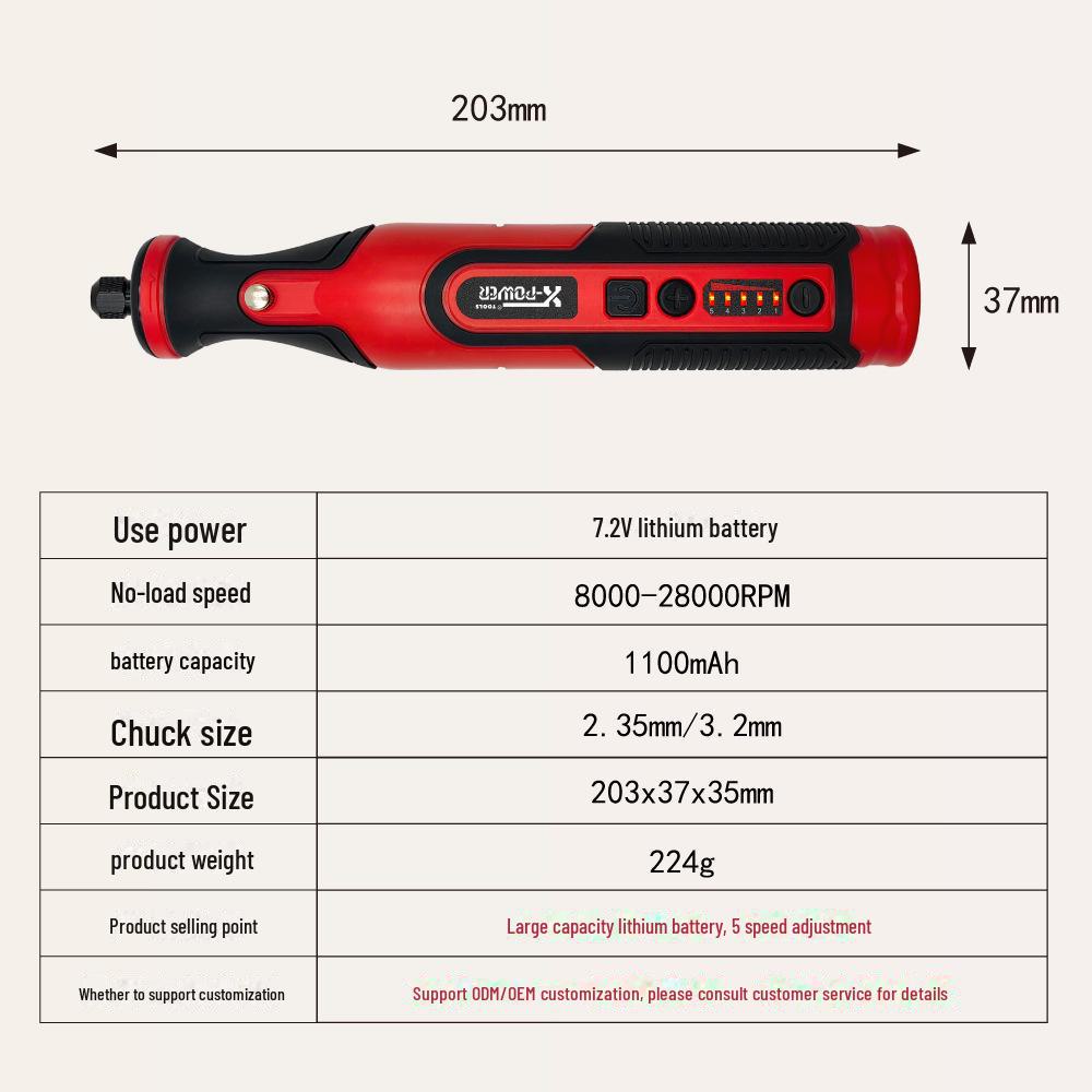 7.2V Lithium Electric Grinder with 5-Speed Control & Light for Jade Carving and Polishing