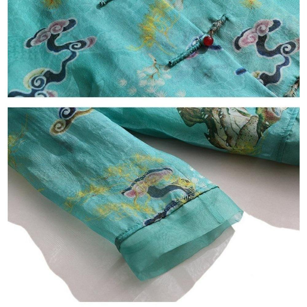 Chiffon for Women In Summer Chinese Style Tang Suit  Stand Collar and Quarter Sleeve Retro Printed Top