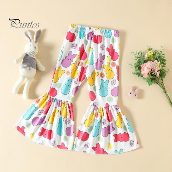 

3 шт./компл., детская футболка, брюки-клеш, повязка на голову с бантом, костюм с пасхальным красочным принтом кролика, рубашка с короткими рукавами для маленьких девочек, длинный расклешенный топ