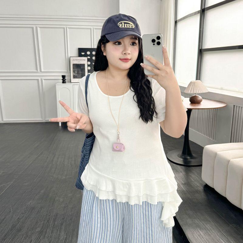 

Plus size women clothing [Super Beautiful Summer Clothing A Complete Set] Asymmetric Trailing Hem T-shirt Striped Dress Blouse and Pants