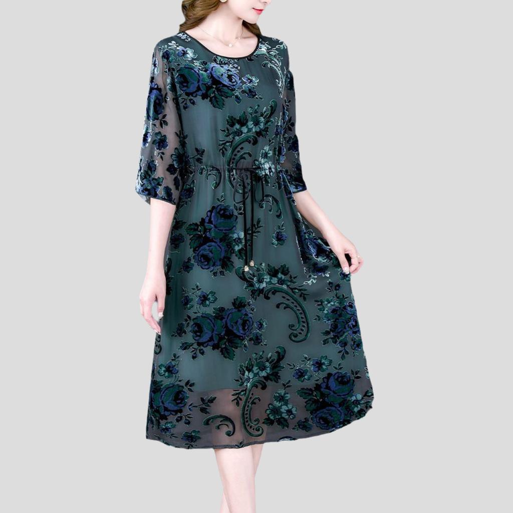 High-end Women's Velvet Dress Long Silk Dress Loose Floral A-Line Dress Spring Autumn