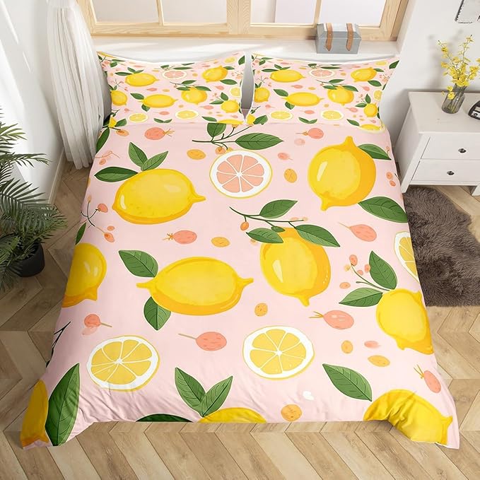 Set Biancheria da Letto Limone e Arancia per Bambini Ragazzi Ragazze Copripiumino Pompelmo Singolo Matrimoniale Estate Fresco Frutta Copripiumino Set